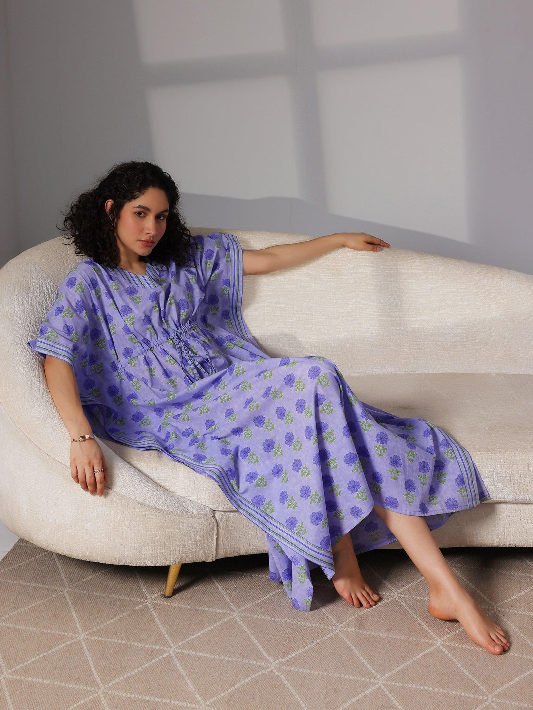 Purple Printed Cotton Kaftan Night Dress - Libas 