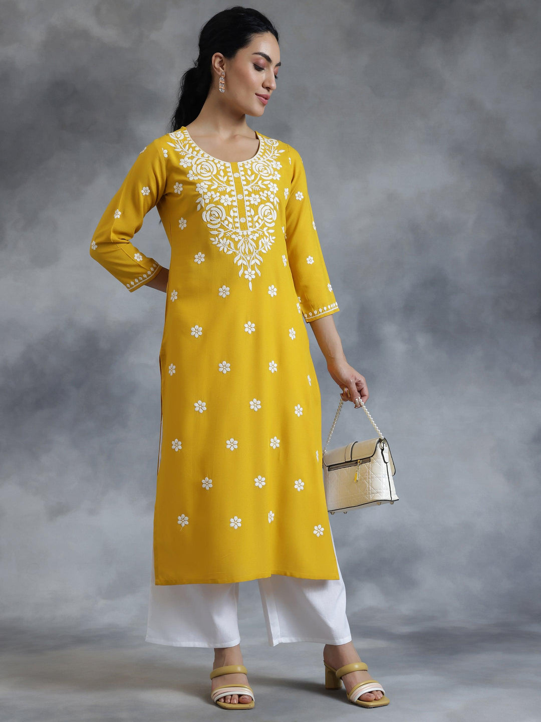 Mustard Embroidered Rayon Straight Kurta - Libas