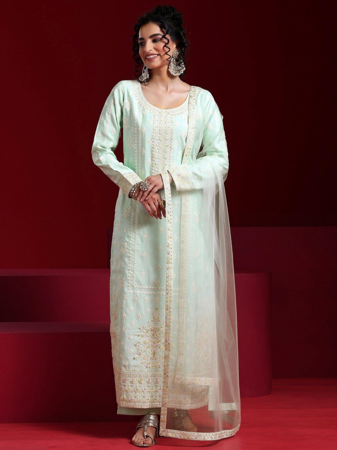 Libas Art Sea Green Embroidered Silk Blend Straight Suit With Dupatta - Libas