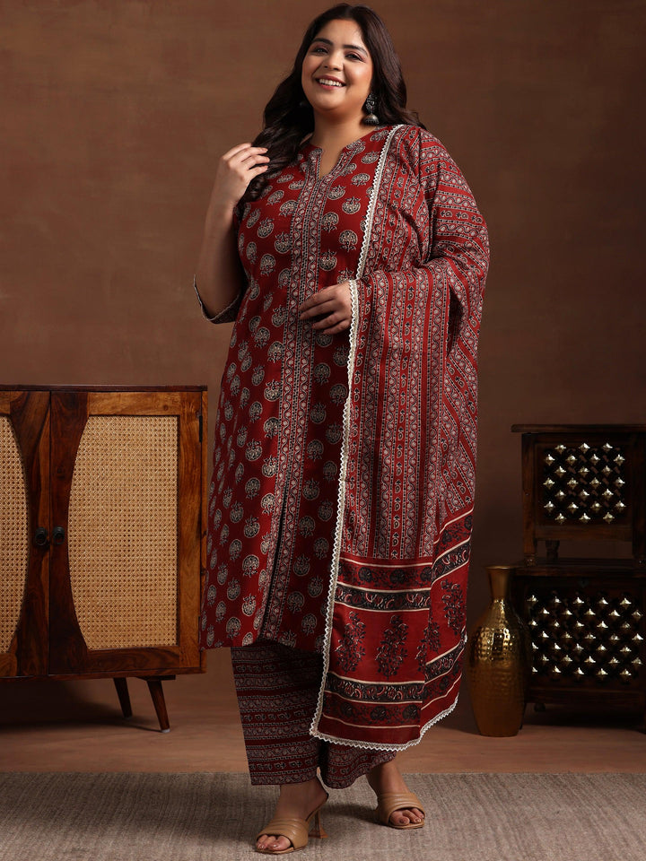 Plus Size Maroon Printed Cotton Straight Suit With Dupatta - Libas