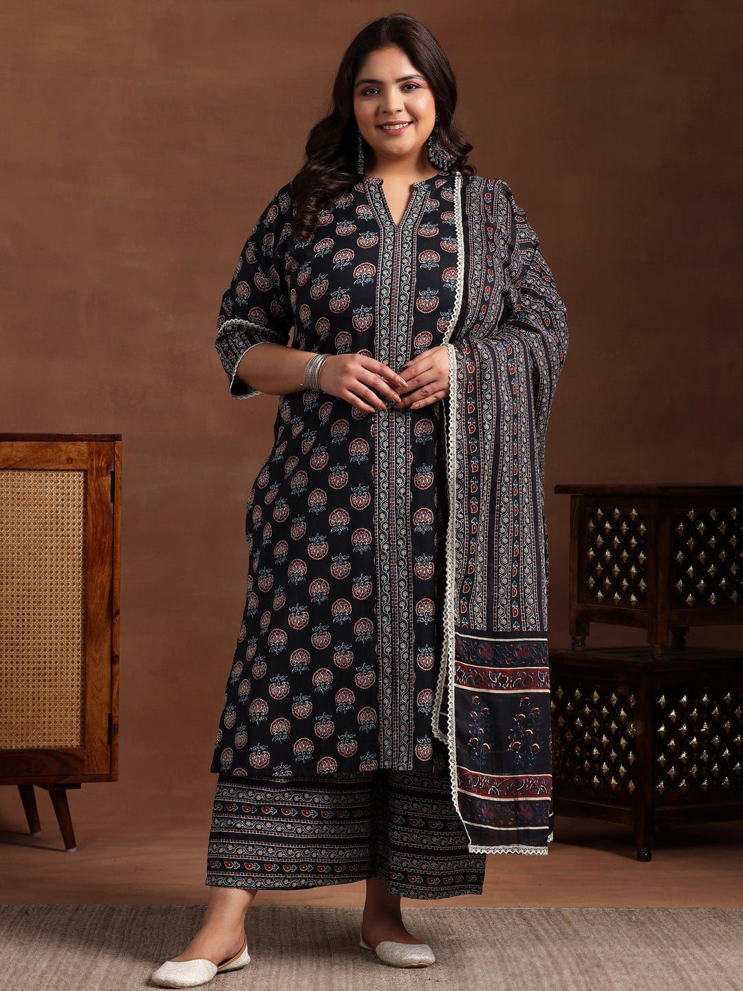 Plus Size Black Printed Cotton Straight Suit With Dupatta - Libas