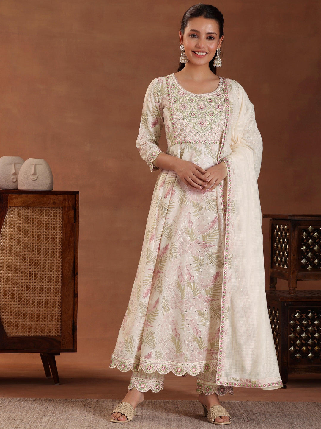 Pink Embroidered Pure Cotton A-line Kurta With Sharara & Dupatta - Libas 