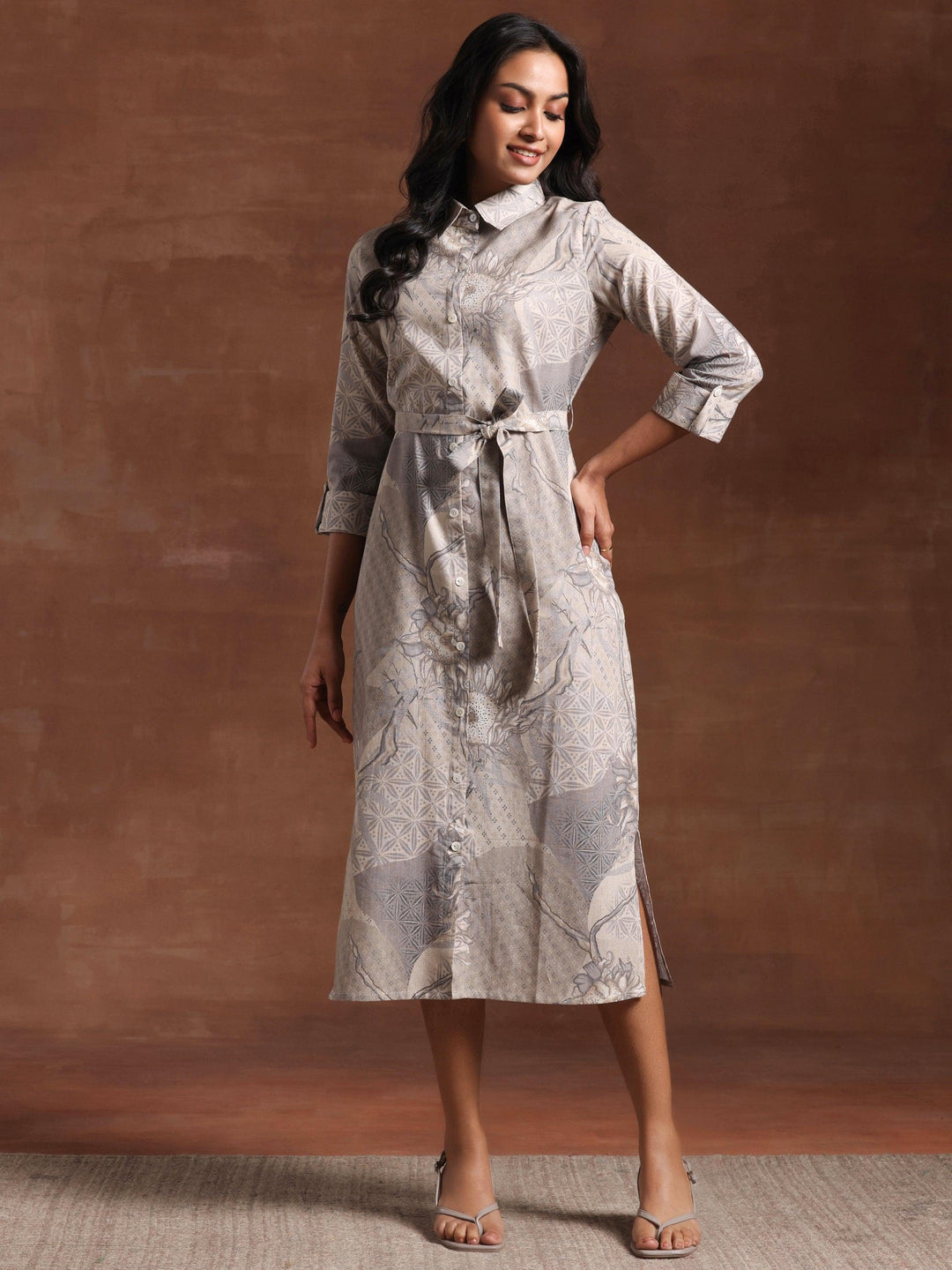 Off White Printed Linen Shirt Dress - Libas 