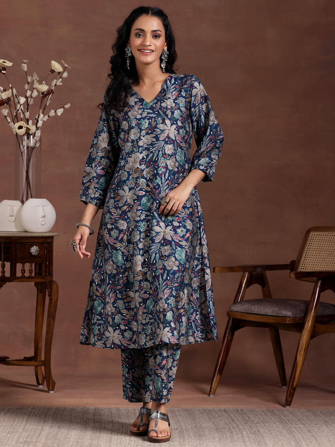 Blue Printed Silk Blend Co-Ords - Libas 