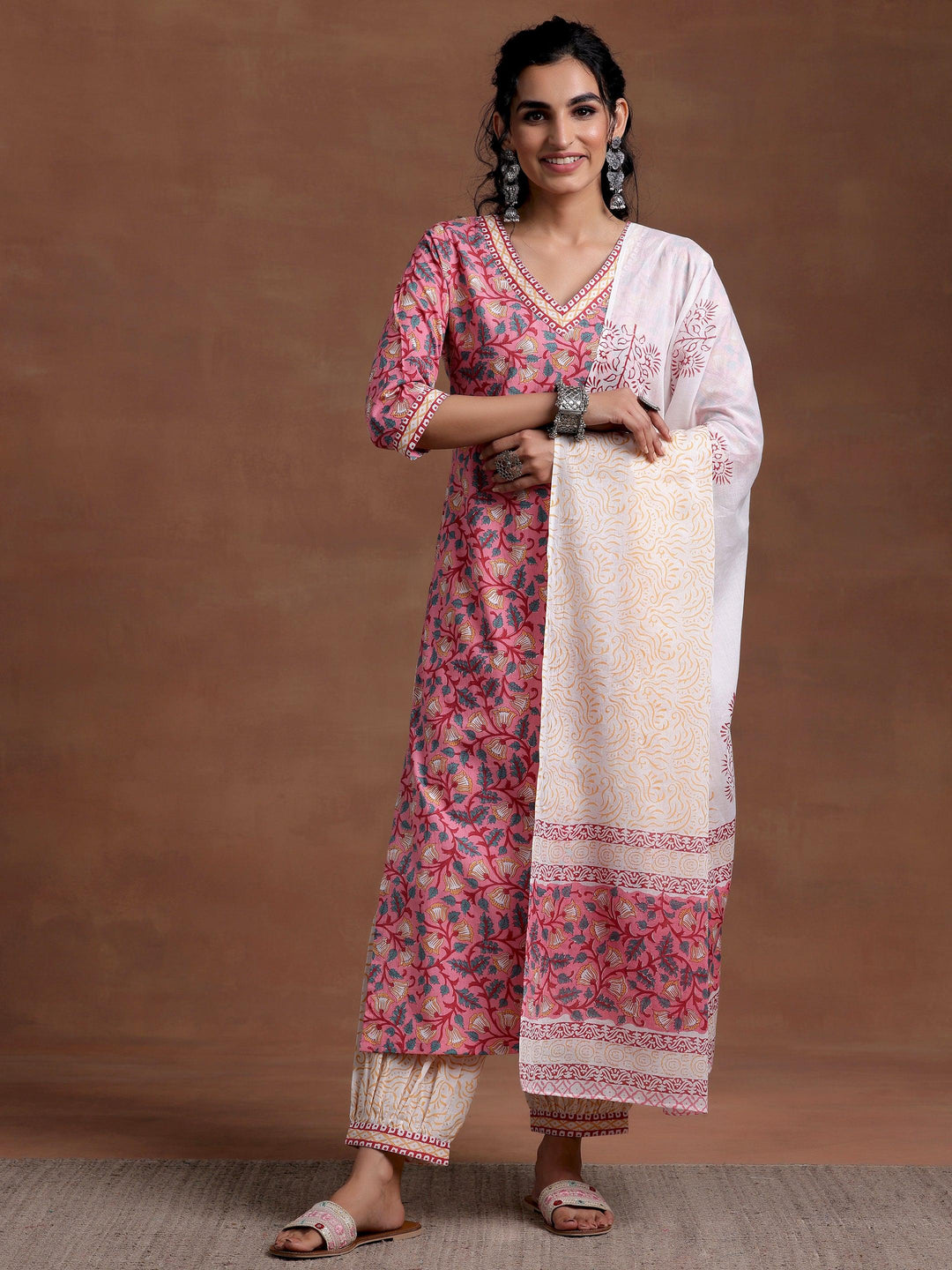 Pink Printed Cotton Straight Suit With Dupatta - Libas 