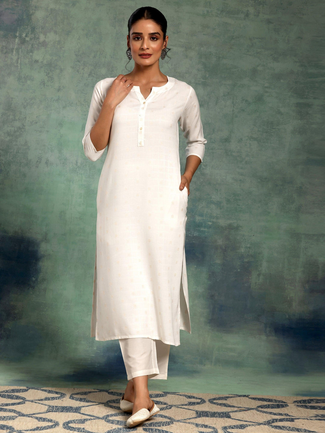 Cream Woven Design Rayon Straight Kurta - Libas 