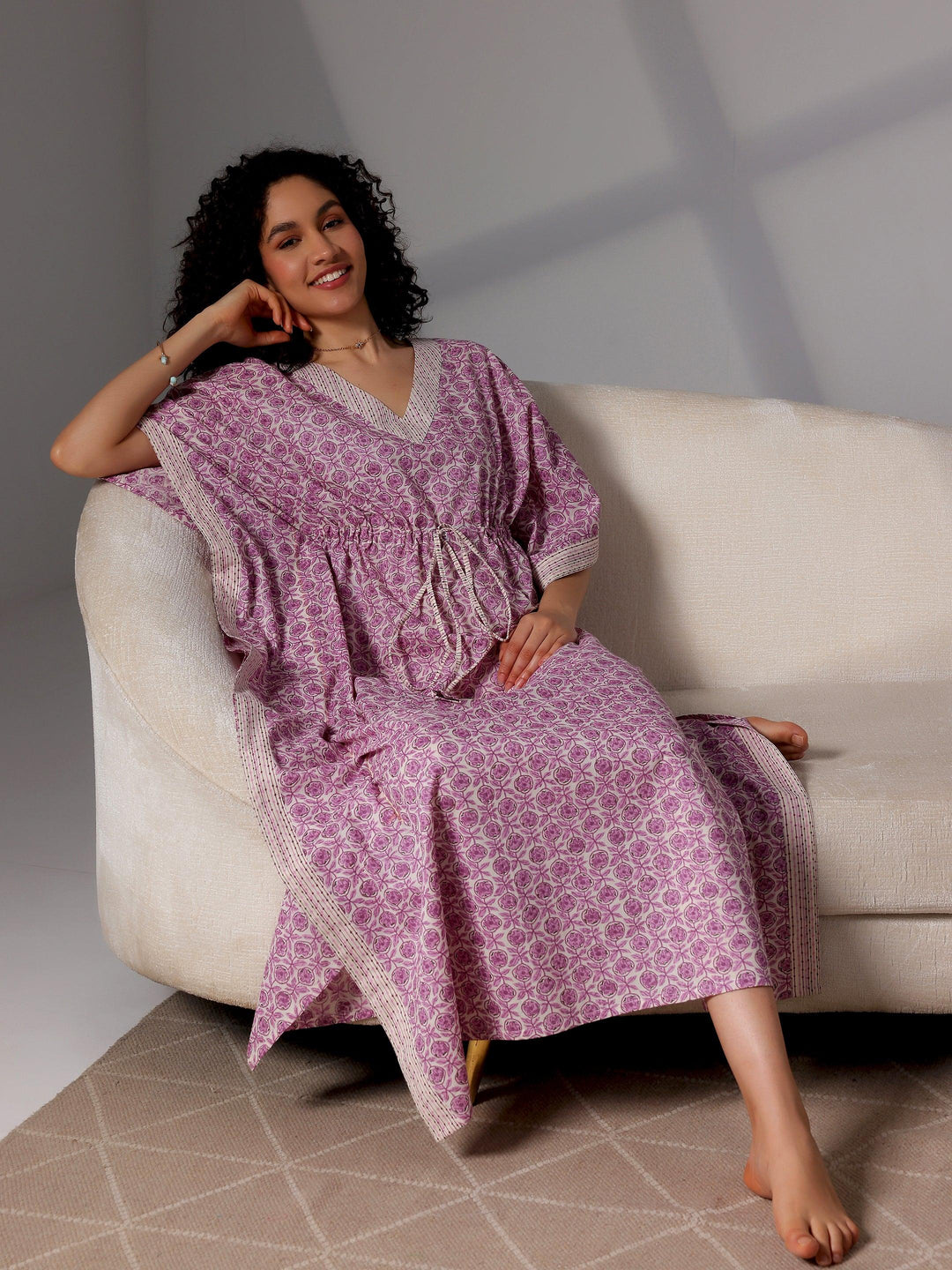 Purple Printed Cotton Kaftan Night Dress - Libas 