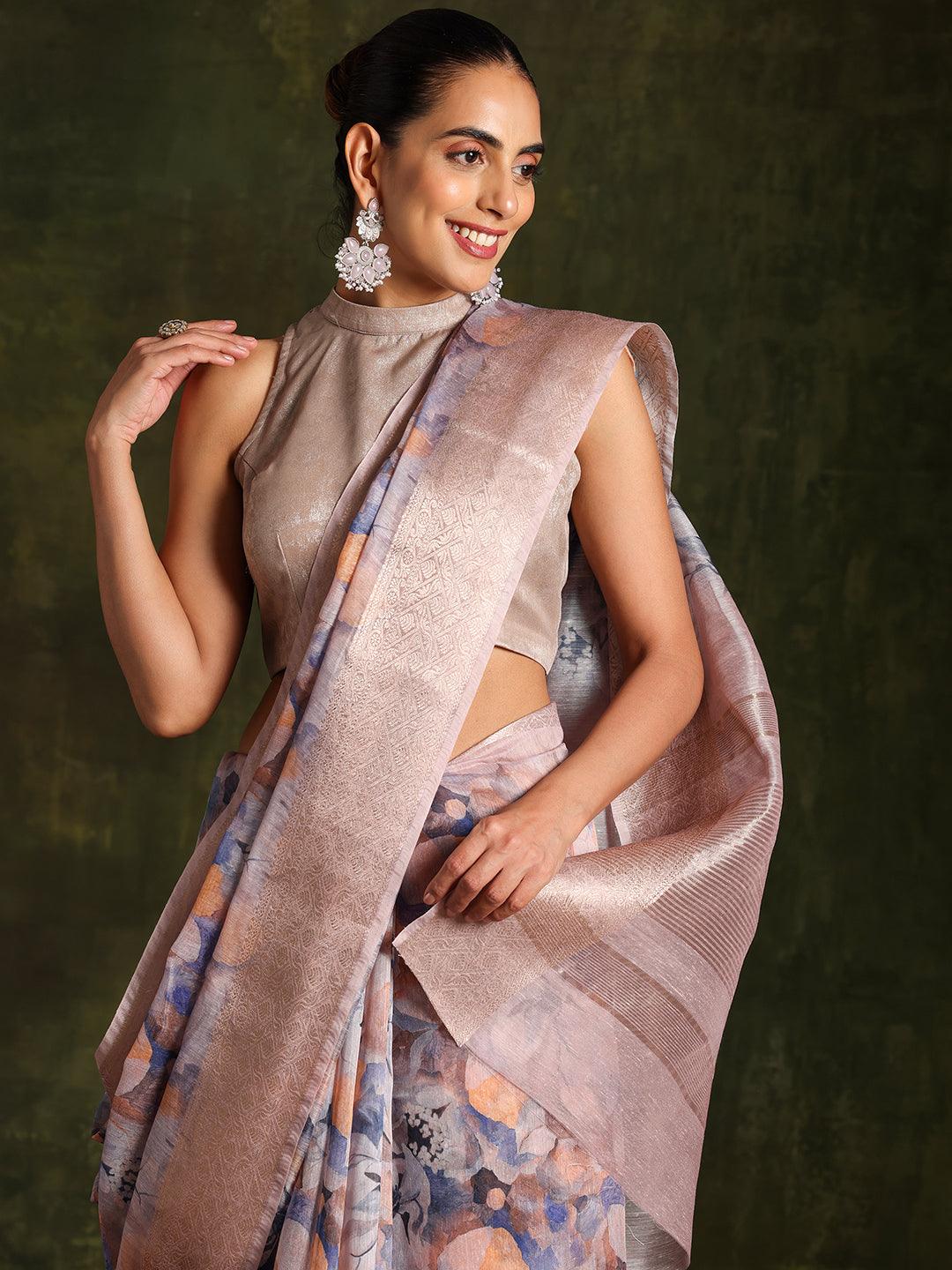 Blue Printed Silk Blend Saree With Unstitched Blouse Piece - Libas