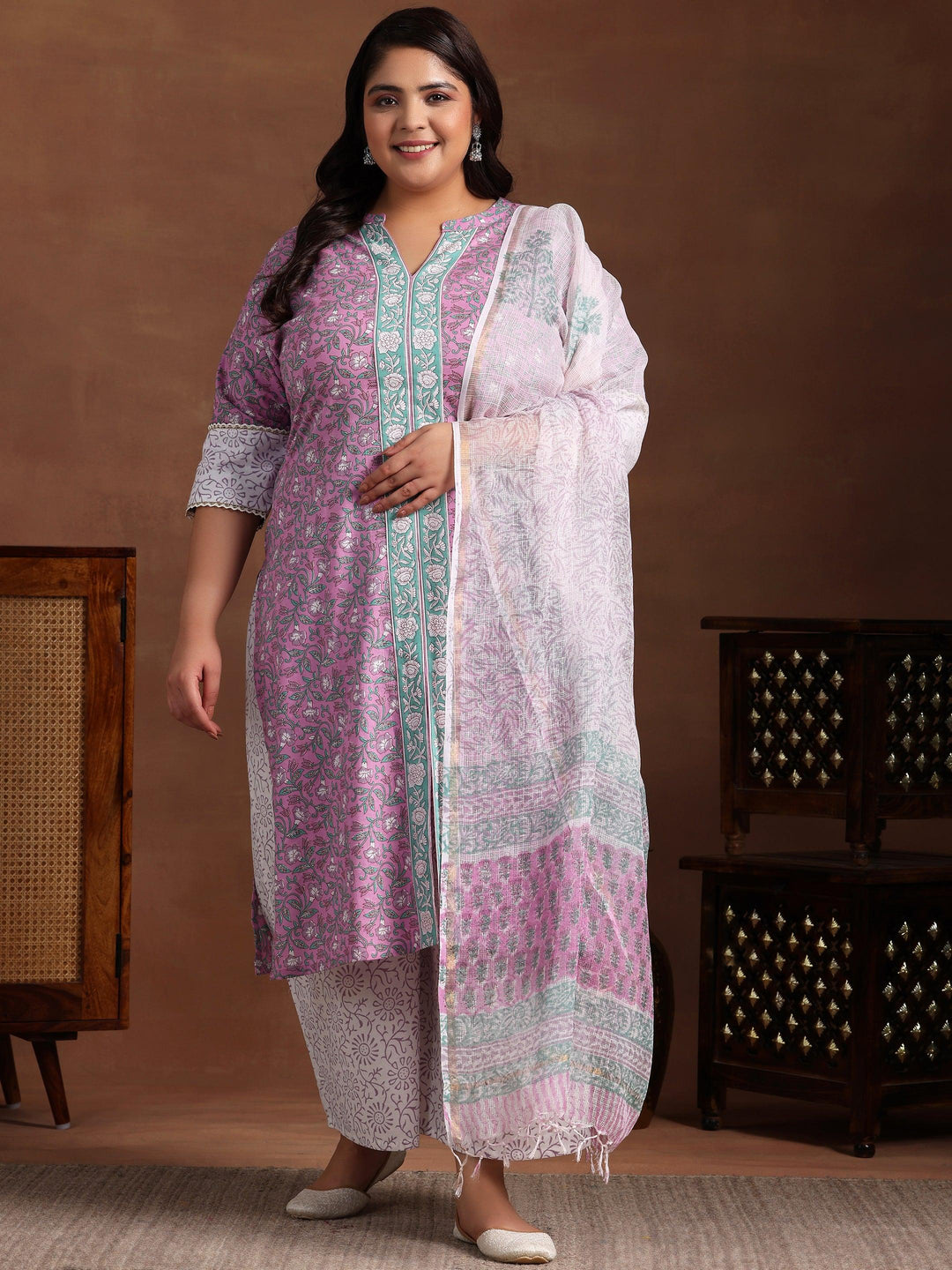 Plus Size Pink Printed Cotton Straight Suit With Dupatta - Libas