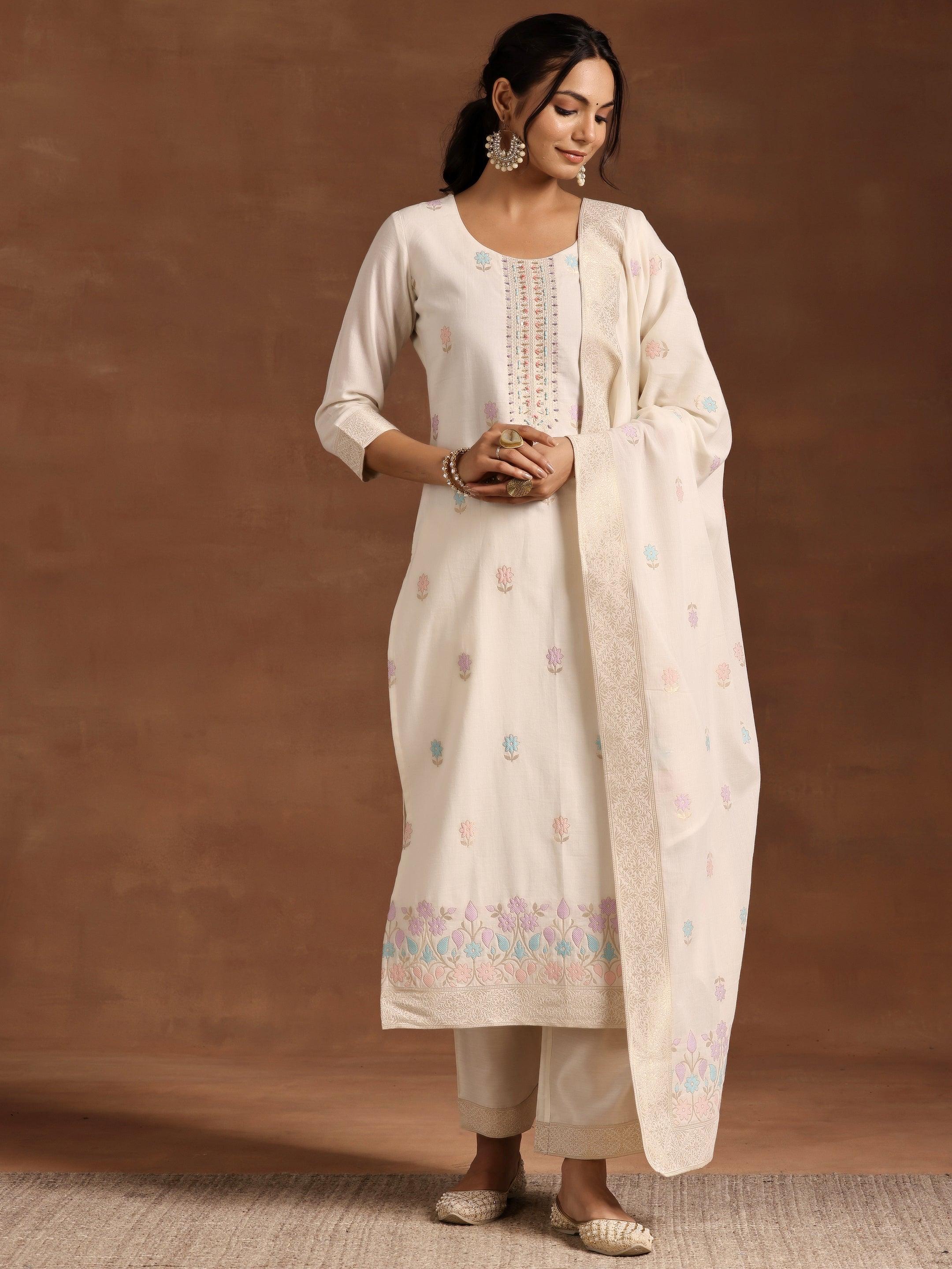 Off White Woven Design Linen Straight Suit With Dupatta