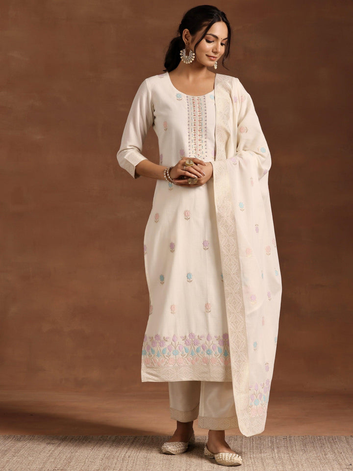 Off White Woven Design Linen Straight Suit With Dupatta - Libas