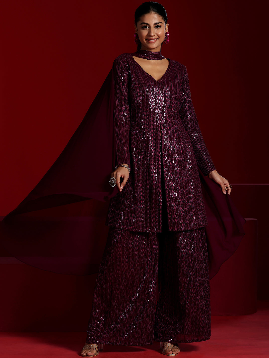  Libas Art Wine Embroidered Georgette A-Line Kurta With Palazzos & Dupatta 