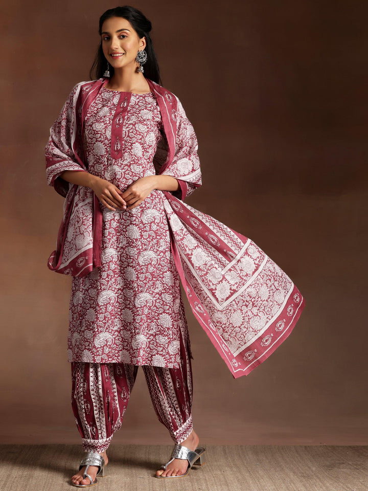 Wine Printed Cotton Straight Suit With Dupatta - Libas