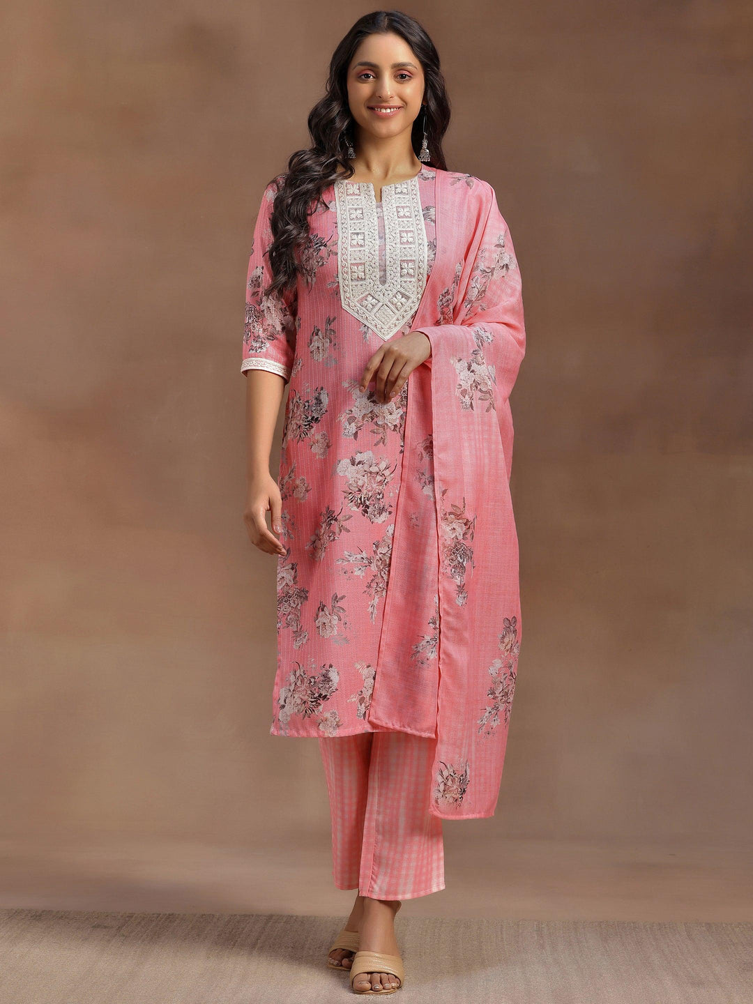 Pink Printed Cotton Straight Suit With Dupatta - Libas