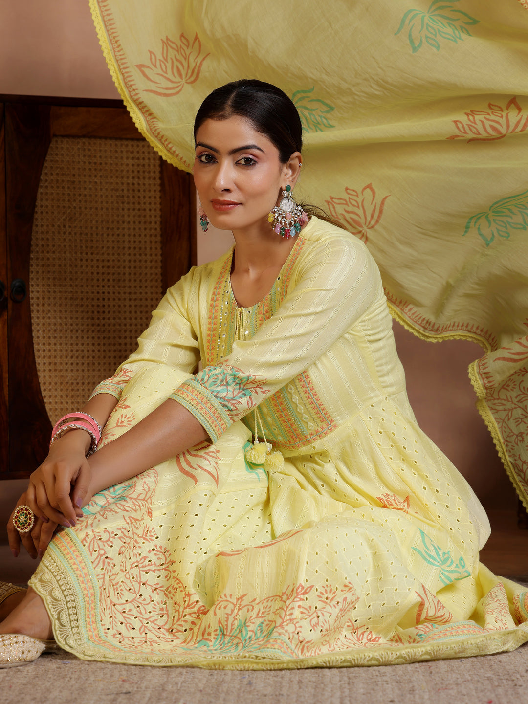  Yellow Embroidered Cotton A-Line Kurta With Trousers & Dupatta 