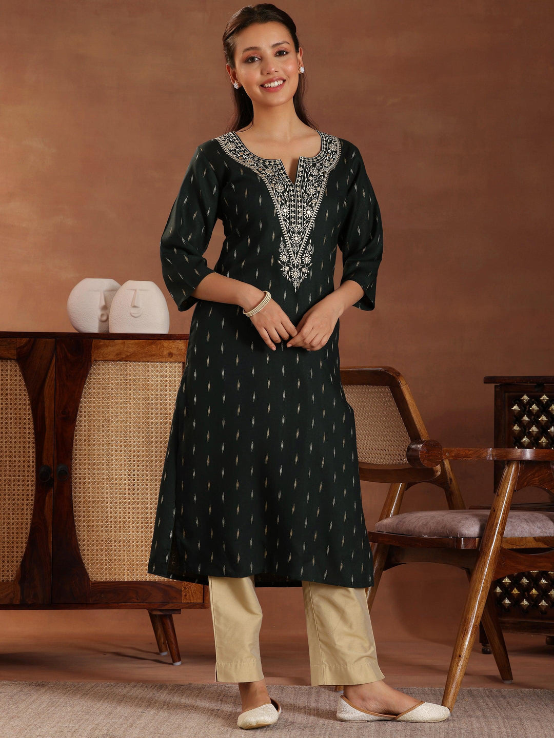 Green Woven Design Cotton Straight Kurta - Libas 