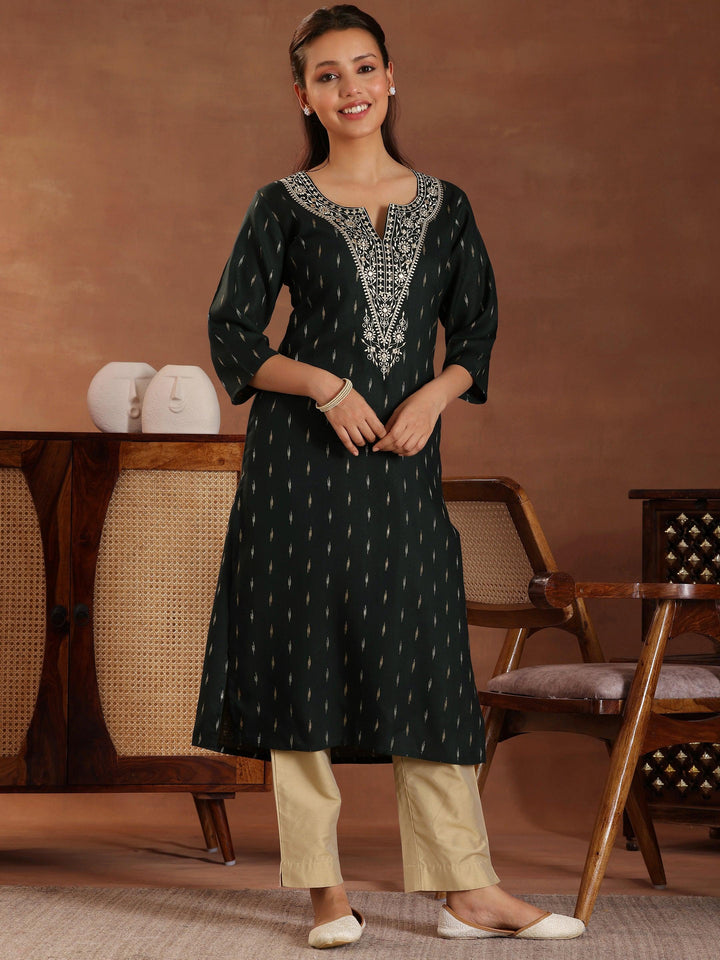 Green Woven Design Cotton Straight Kurta - Libas