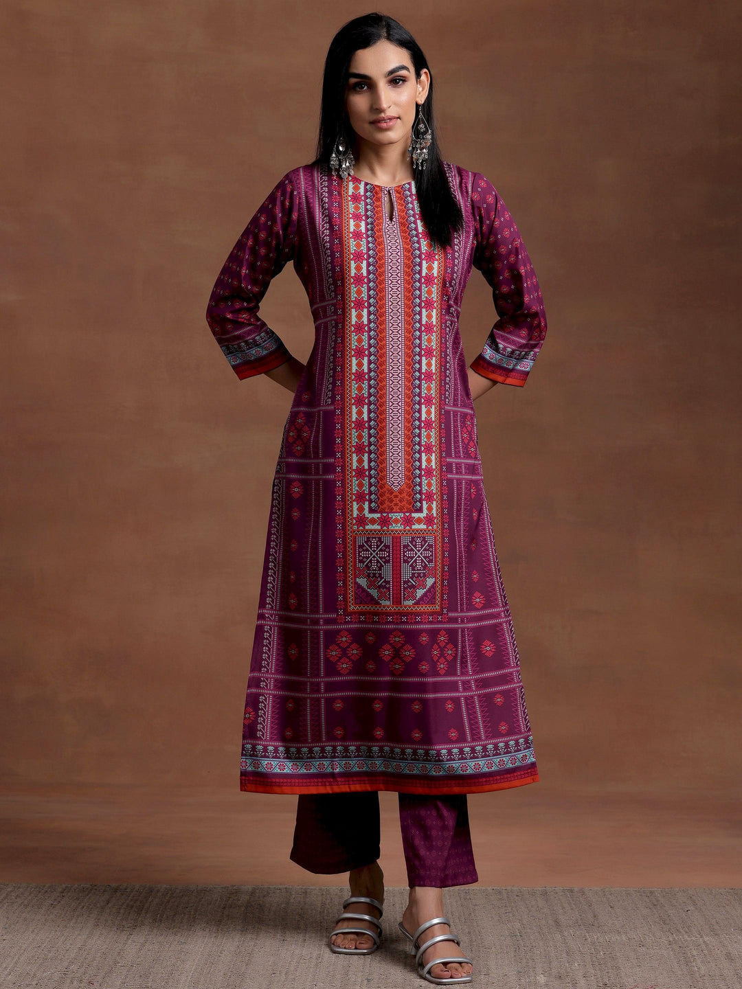 Wine Printed Poly Crepe Straight Kurta Set - Libas