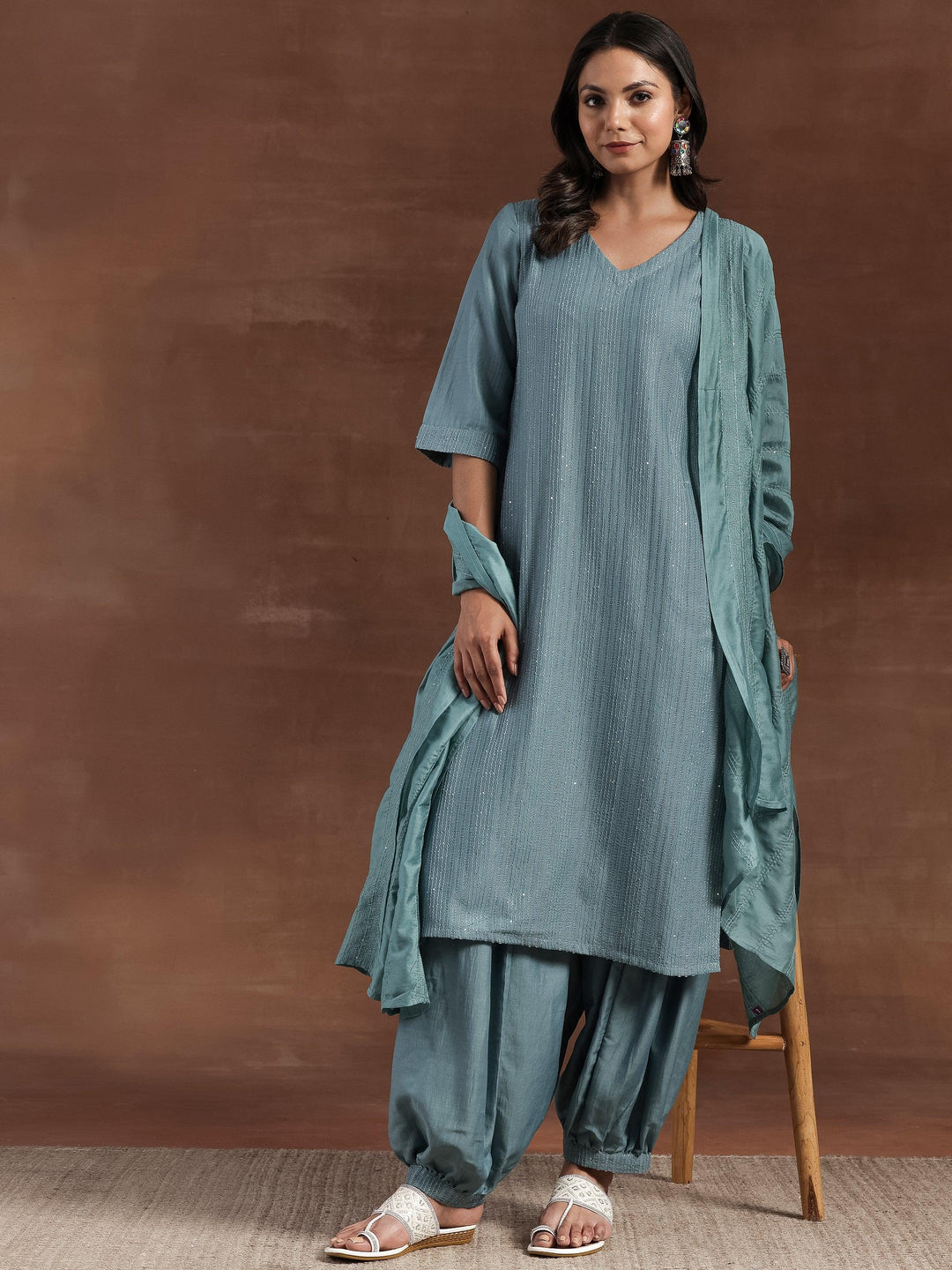 Grey Self Design Silk Blend Straight Suit With Dupatta - Libas 