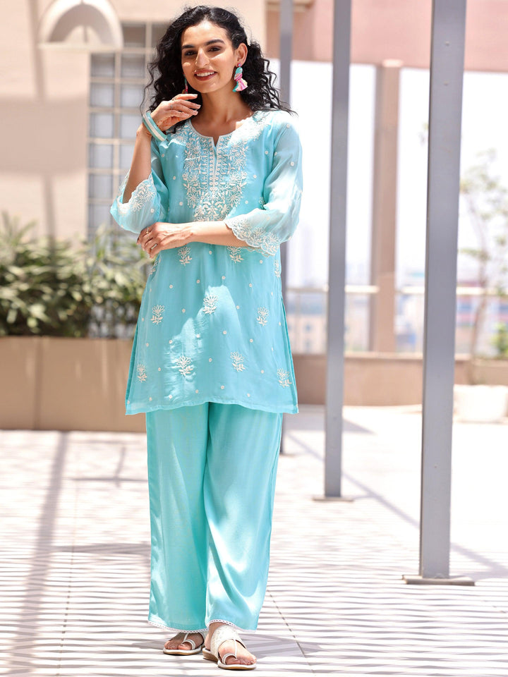 Turquoise Embroidered Silk Blend Co-Ords - Libas