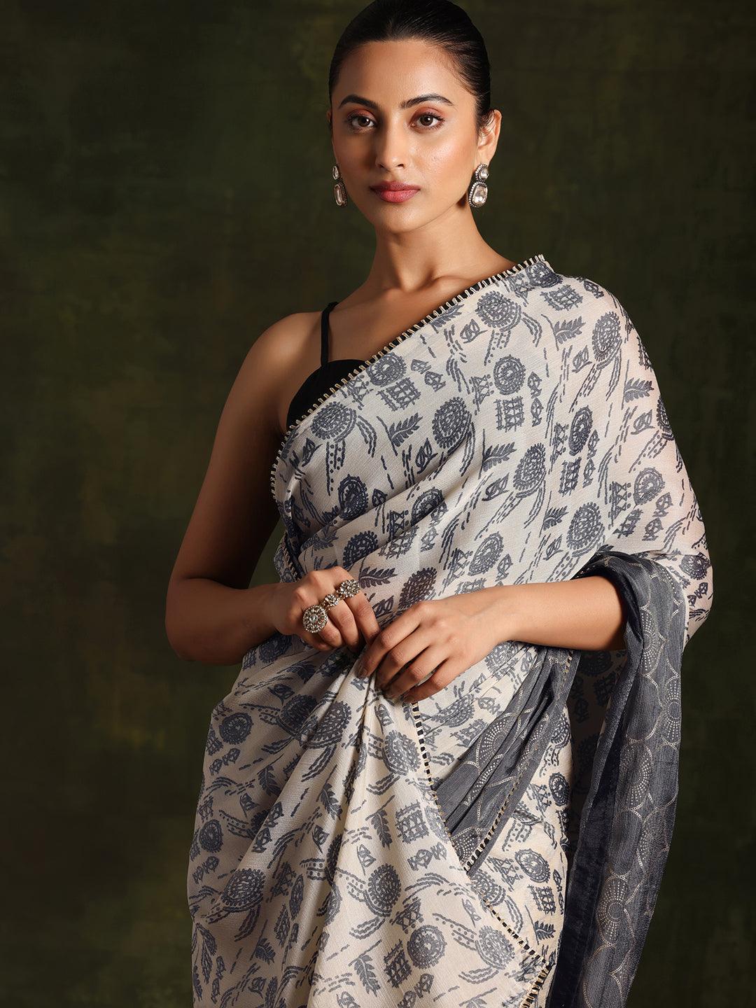 Beige Printed Silk Blend Saree With Unstitched Blouse Piece