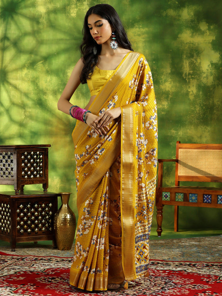 Mustard Printed Silk Blend Saree With Unstitched Blouse Piece - Libas