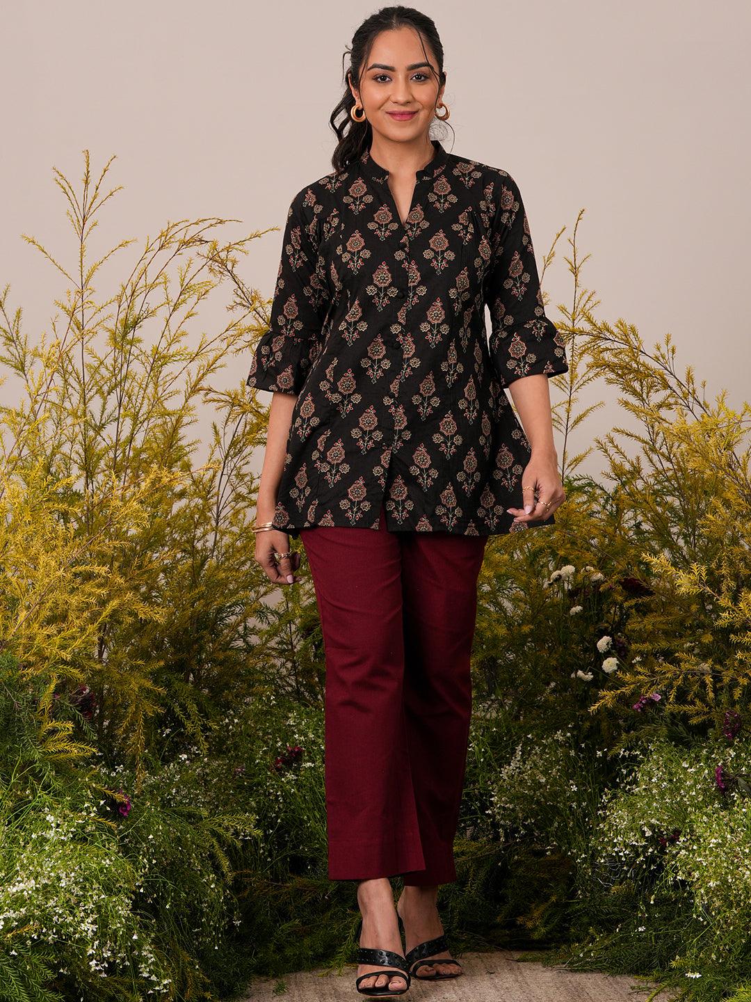 Black Printed Cotton Straight Kurti - Libas