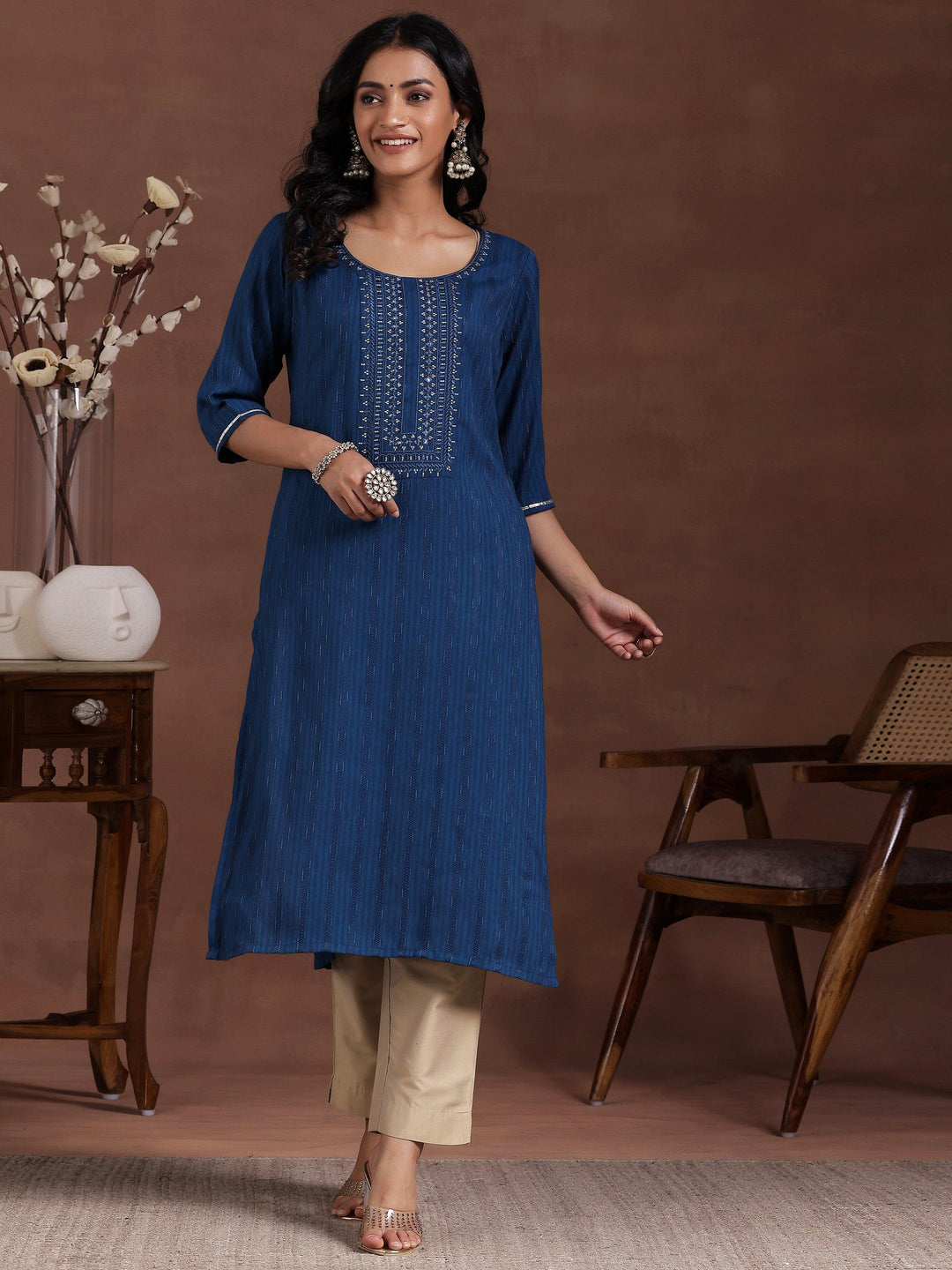 Blue Yoke Design Rayon Straight Kurta - Libas 