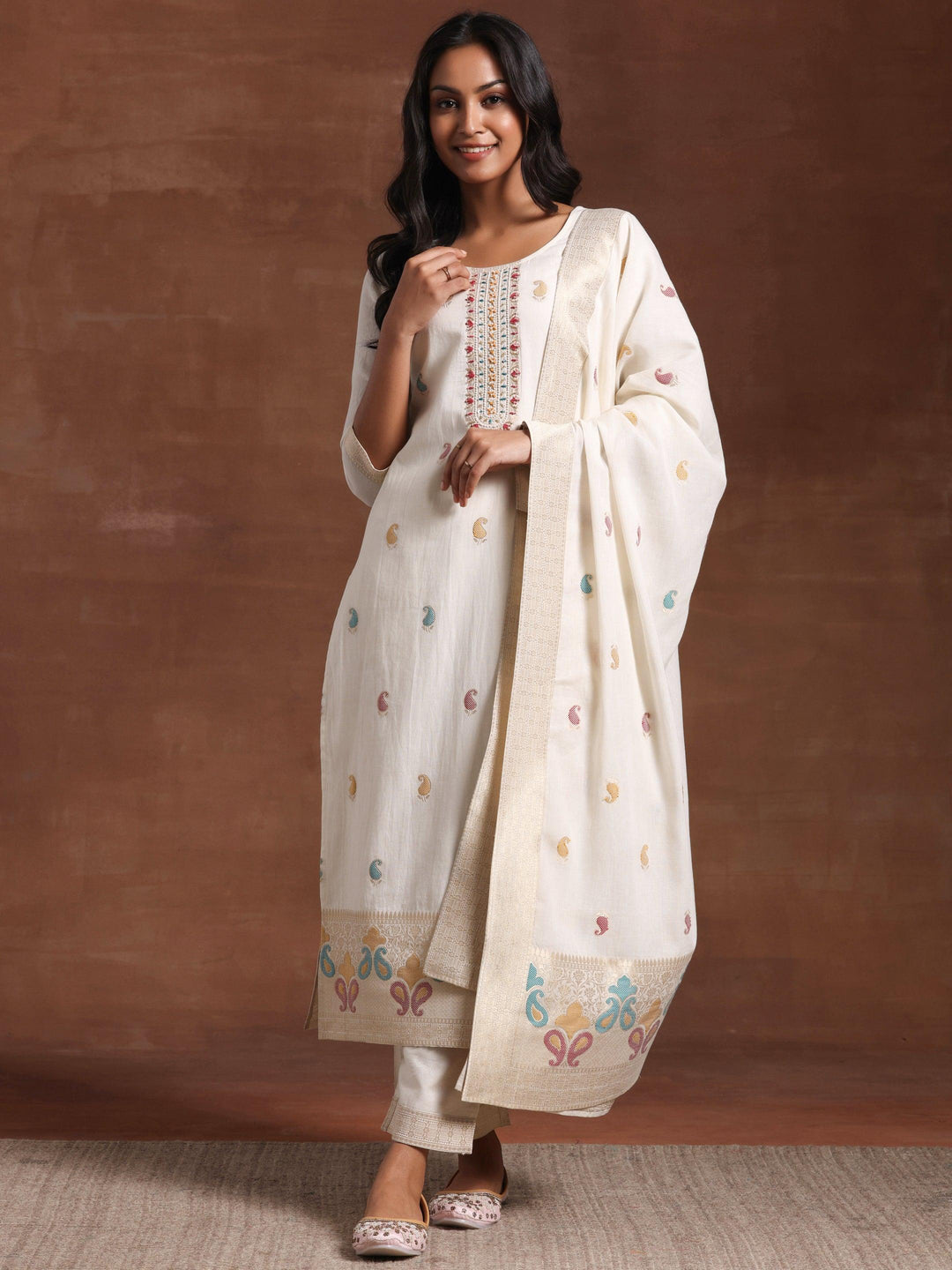 Off White Woven Design Cotton Straight Suit With Dupatta - Libas 