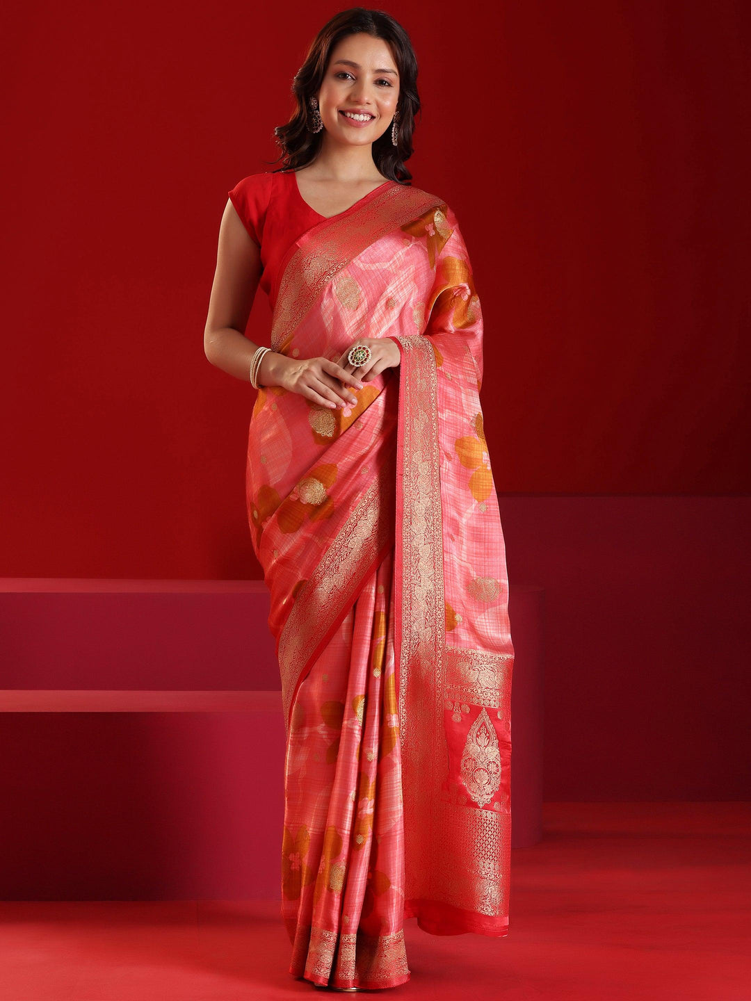 Libas Art Peach Printed Satin Saree With Unstitched Blouse Piece - Libas