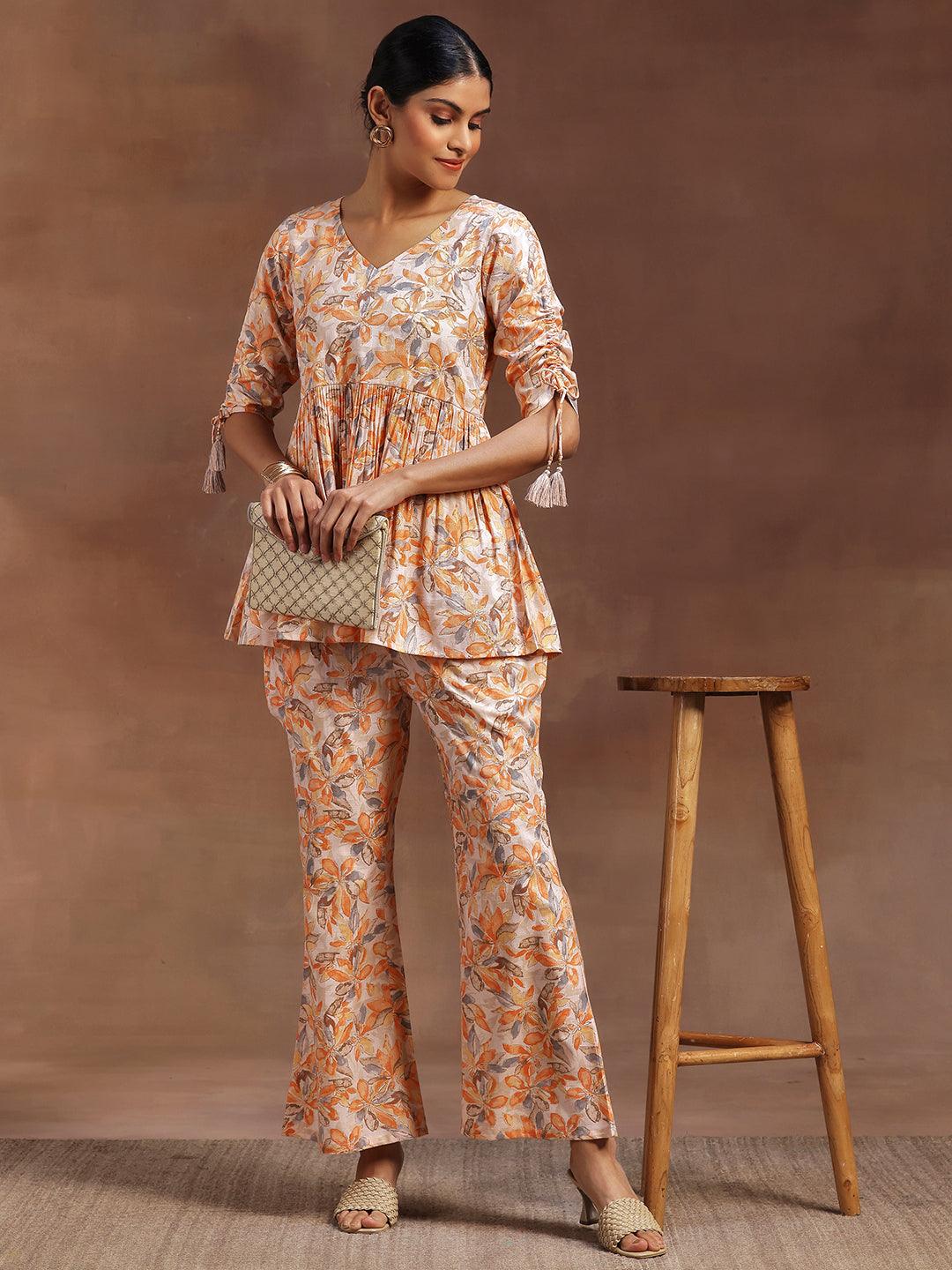 Orange Printed Cotton Blend Co-Ords - Libas 