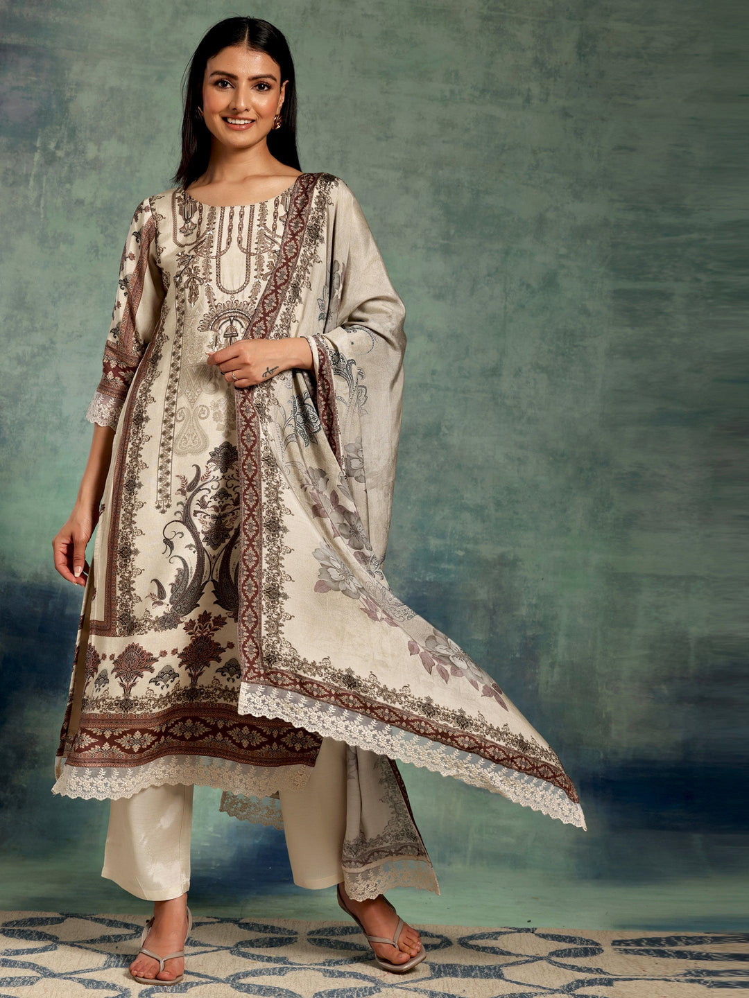 Ivory Printed Silk Blend Straight Suit With Dupatta - Libas 