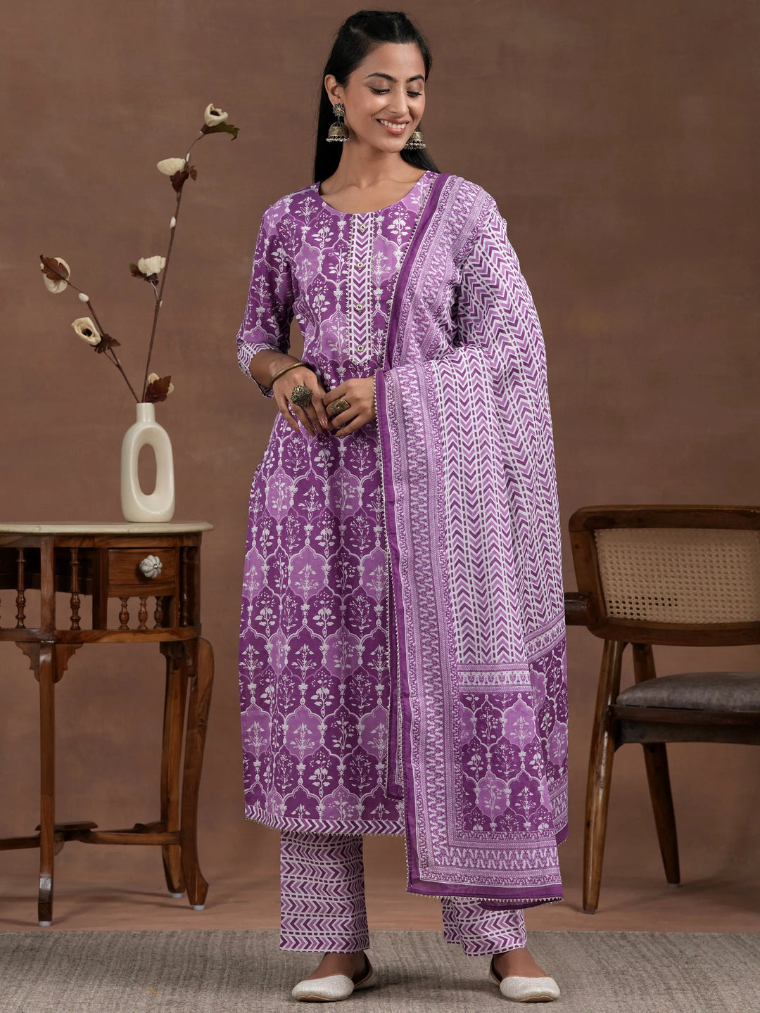  Purple Cotton Printed Straight Kurta 