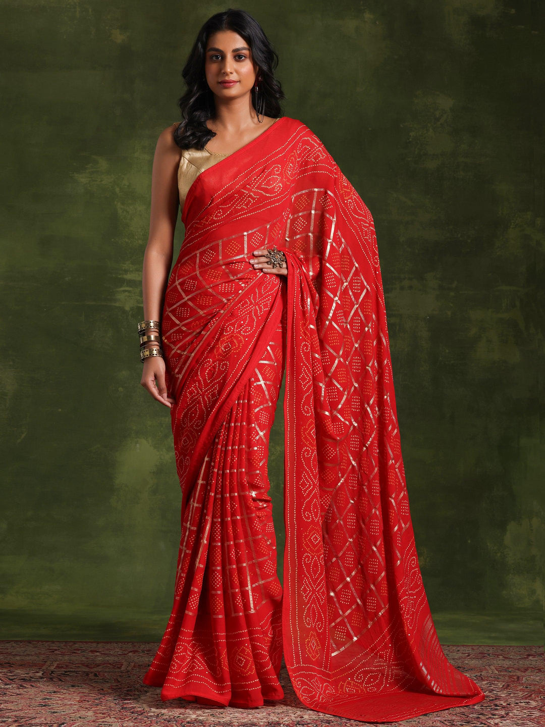 Red Printed Poly Georgette Saree With Unstitched Blouse Piece - Libas