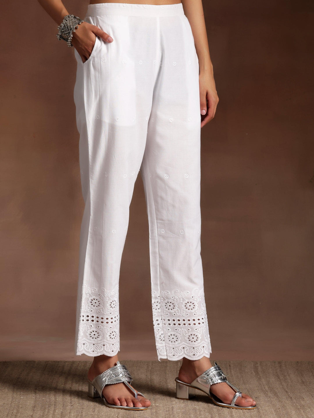 The Kiara Cut White Self Design Cotton A-Line Kurta With Trousers - Libas