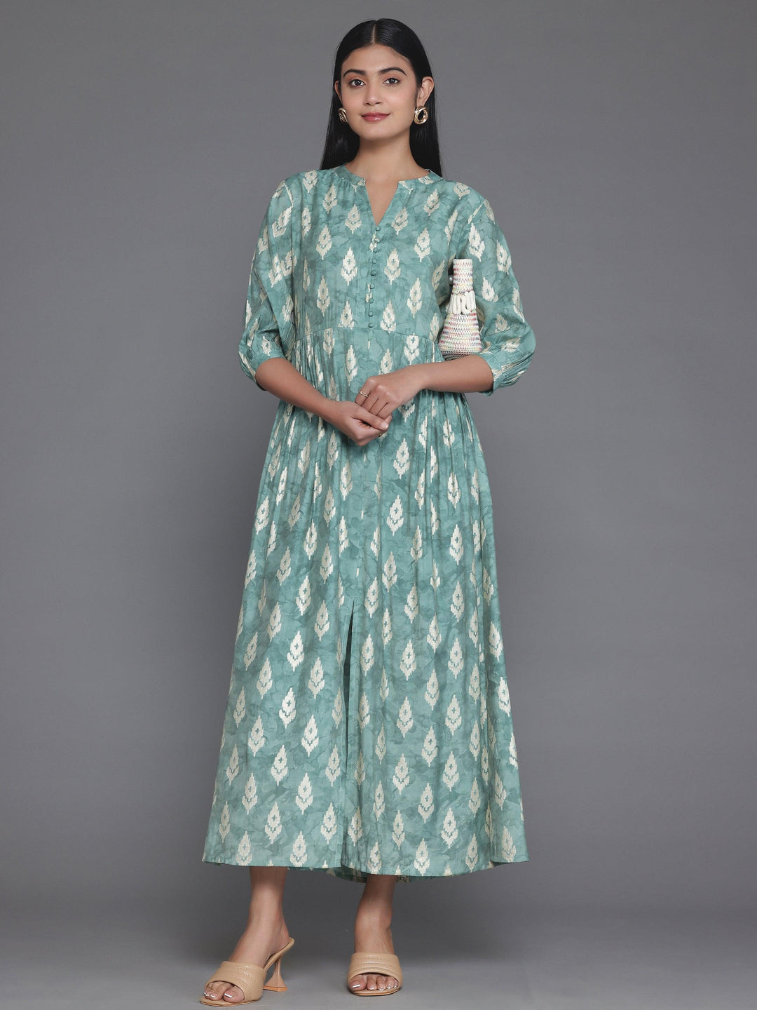 Green Printed Silk Fit and Flare Dress - Libas 