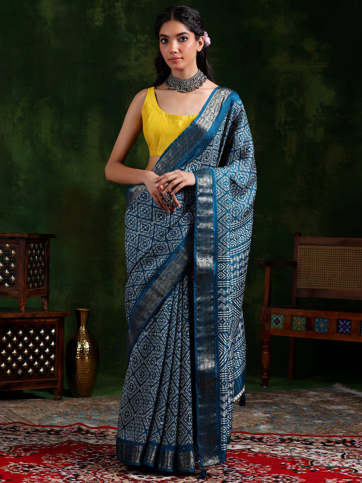 Blue Printed Silk Blend Saree With Unstitched Blouse Piece - Libas