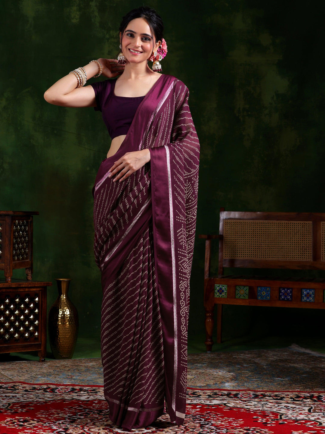 Maroon Printed Satin Saree With Unstitched Blouse Piece - Libas