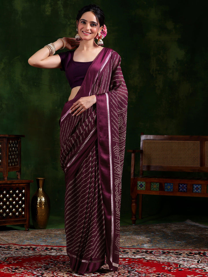 Maroon Printed Satin Saree With Unstitched Blouse Piece - Libas