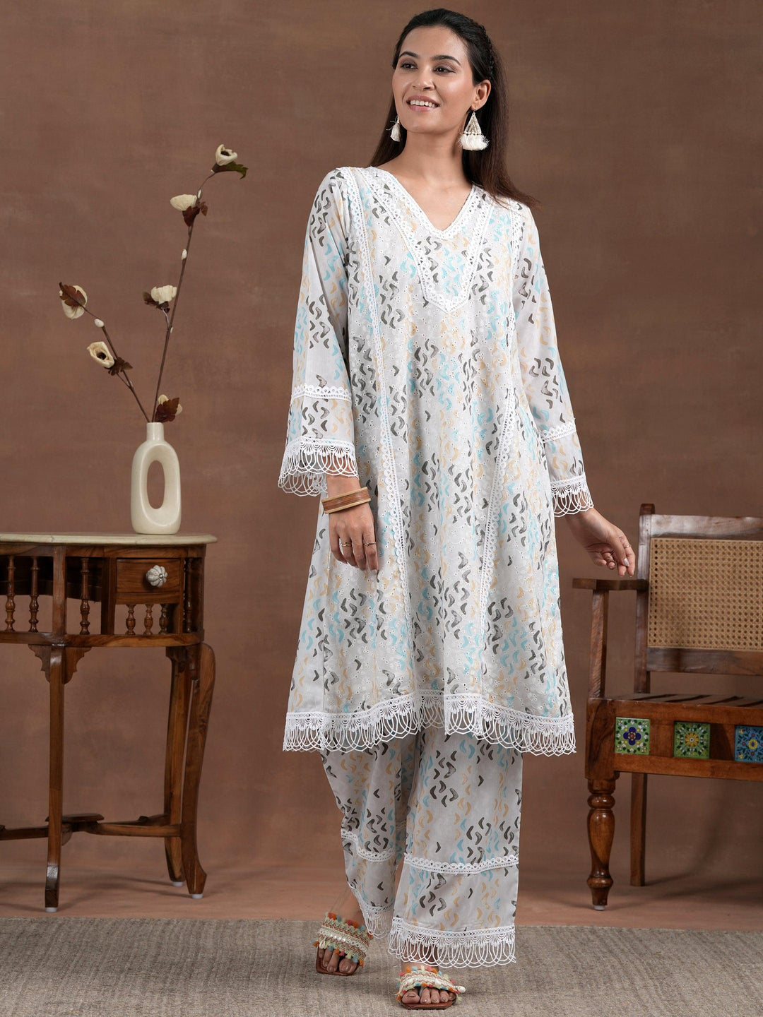 Off white Printed Cotton A-Line Kurta With Palazzos - Libas