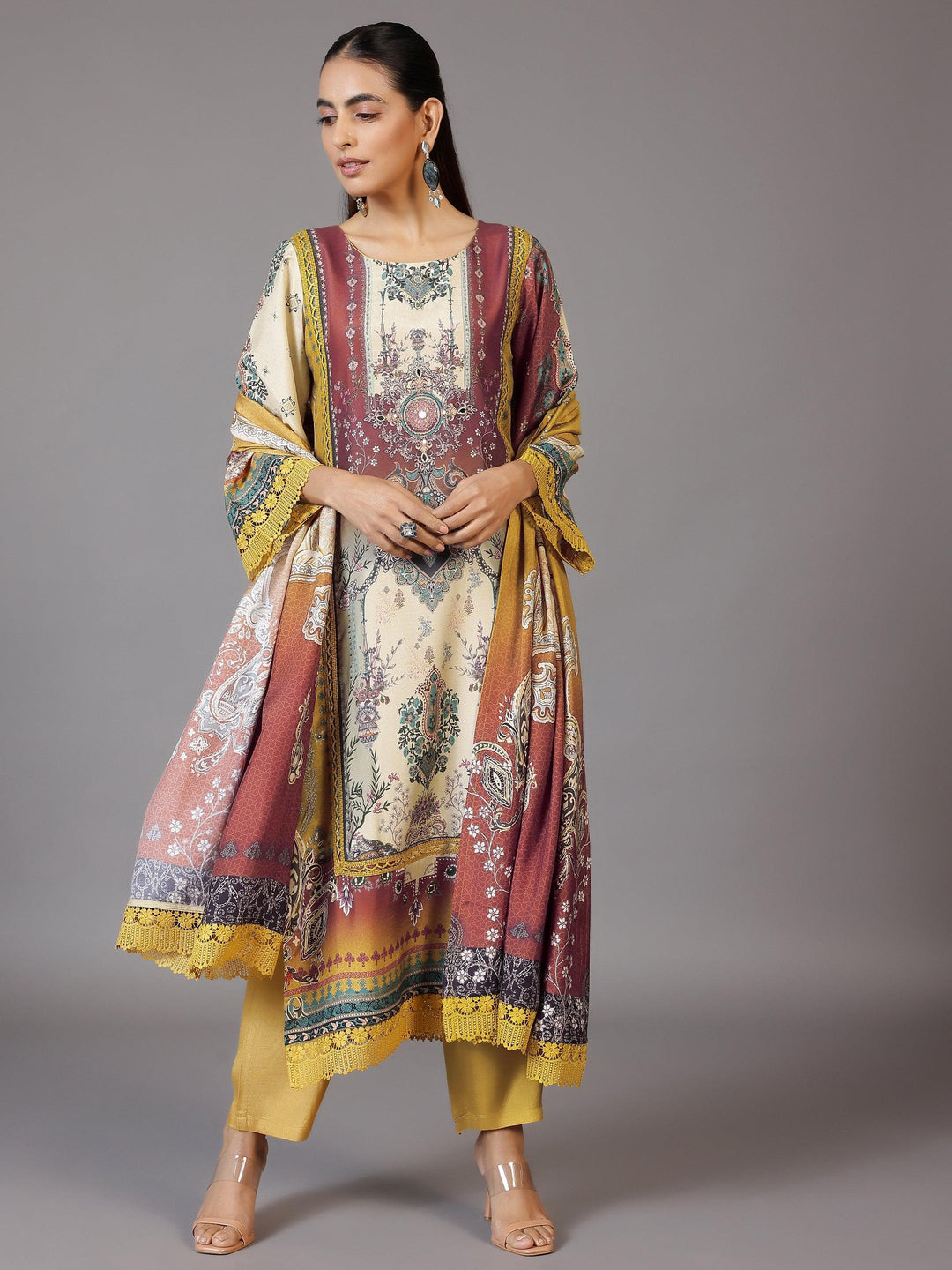 Mustard Printed Silk Blend Straight Suit With Dupatta - Libas 