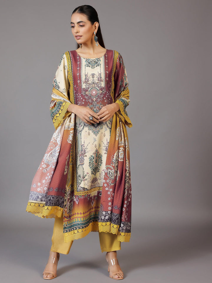 Mustard Printed Silk Blend Straight Suit With Dupatta - Libas