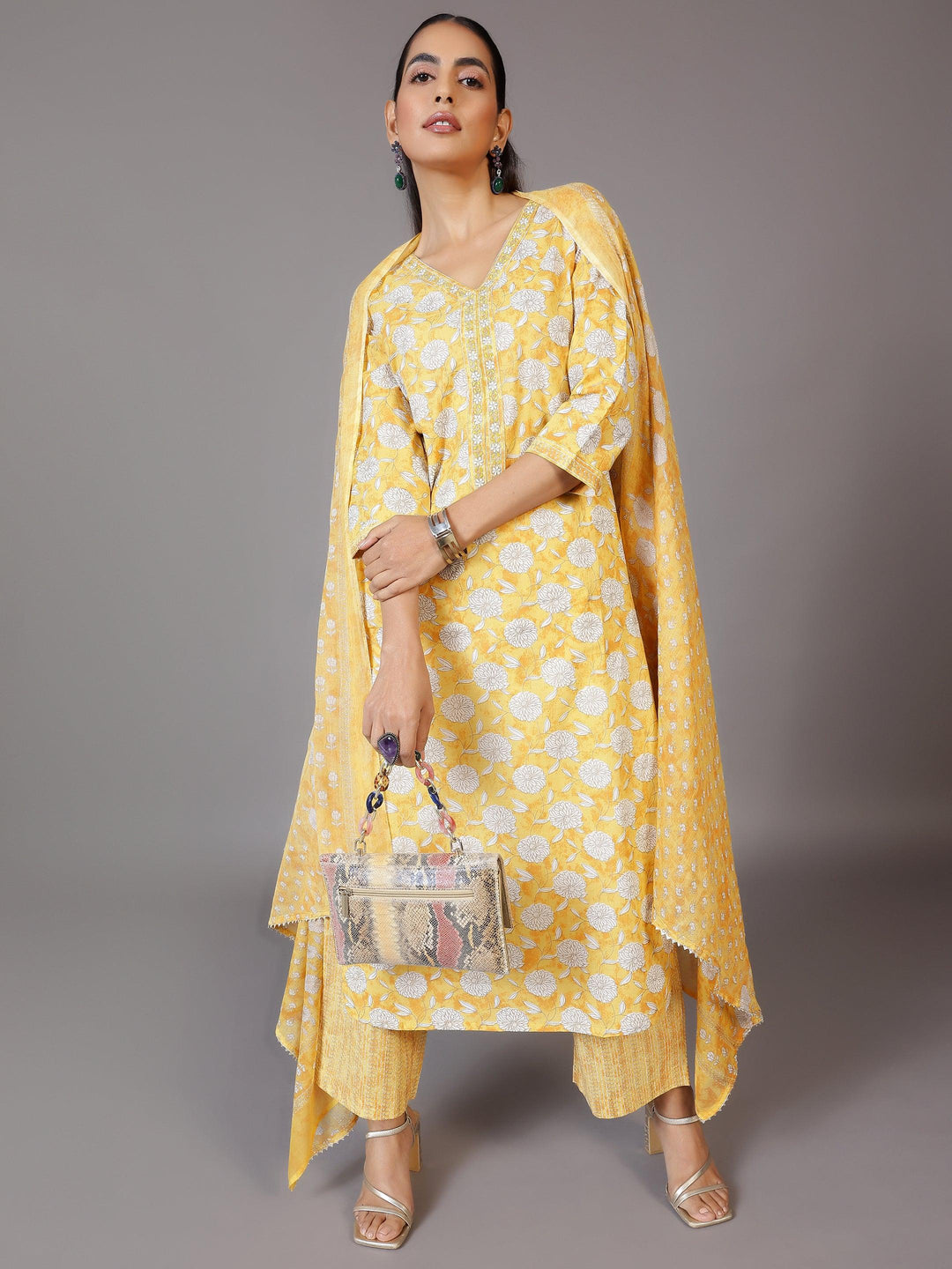 Yellow Printed Cotton Straight Suit With Dupatta - Libas 