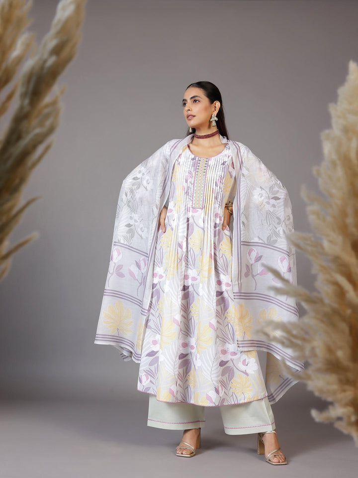 Grey Printed Cotton Blend A-Line Kurta With Palazzos & Dupatta - Libas