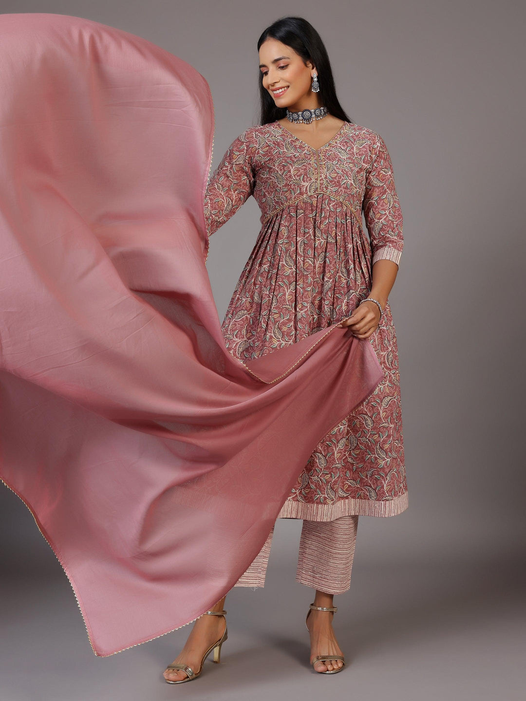 Pink Printed Cotton Anarkali Suit With Dupatta - Libas