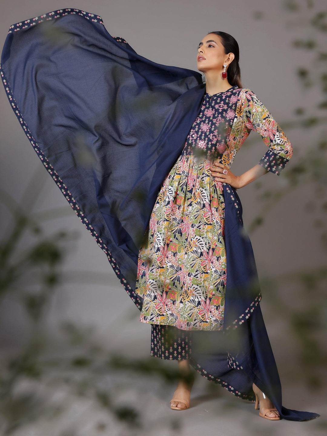 Blue Printed Cotton Straight Suit With Dupatta - Libas