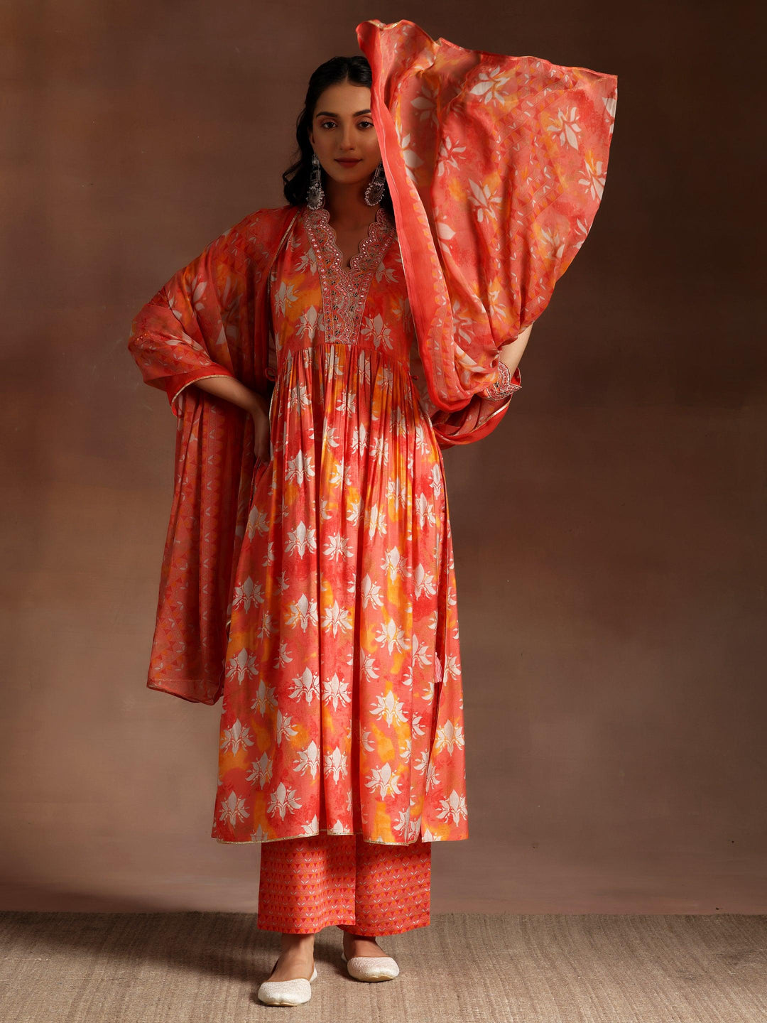 Saanjh Orange Printed Silk Blend A-Line Kurta With Palazzos & Dupatta - Libas 