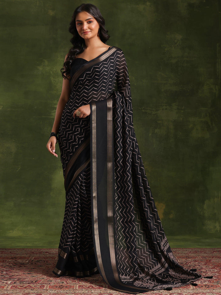 Black Printed Silk Blend Saree With Unstitched Blouse Piece - Libas