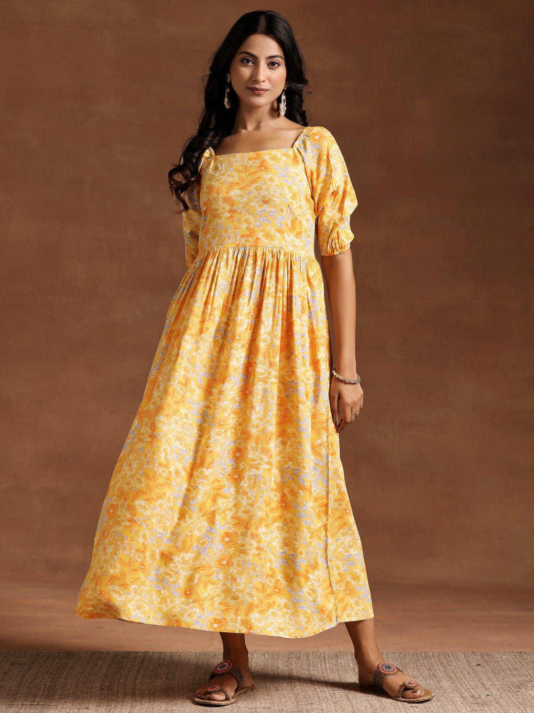 Yellow Printed Rayon Fit and Flare Dress - Libas