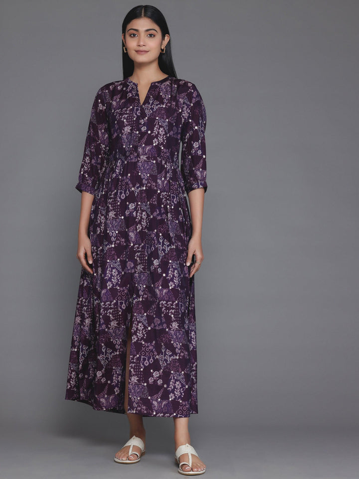 Purple Printed Silk Fit and Flare Dress - Libas